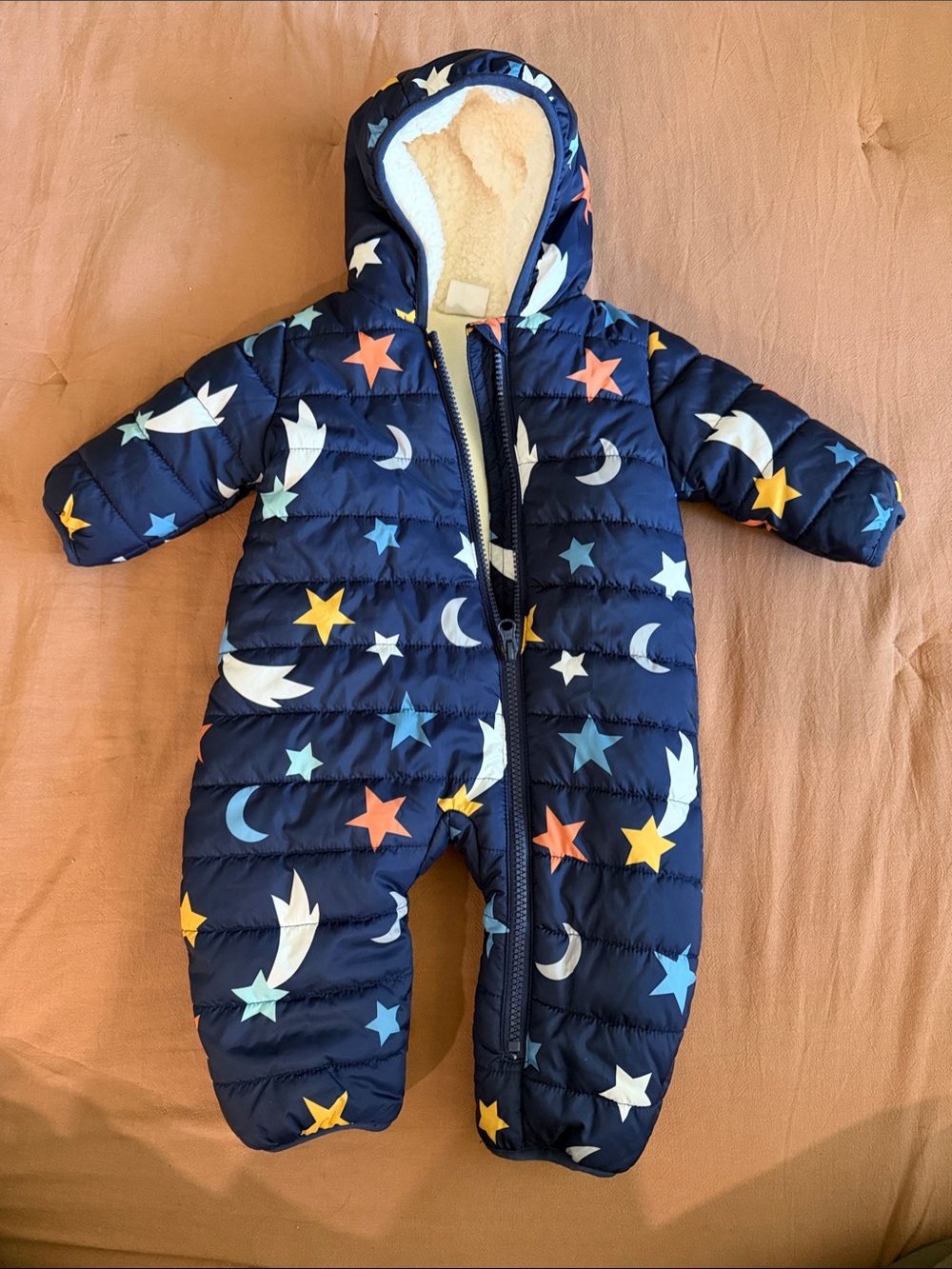 Navy Sherpa-Lined Baby Snow Suit with stars and moons
